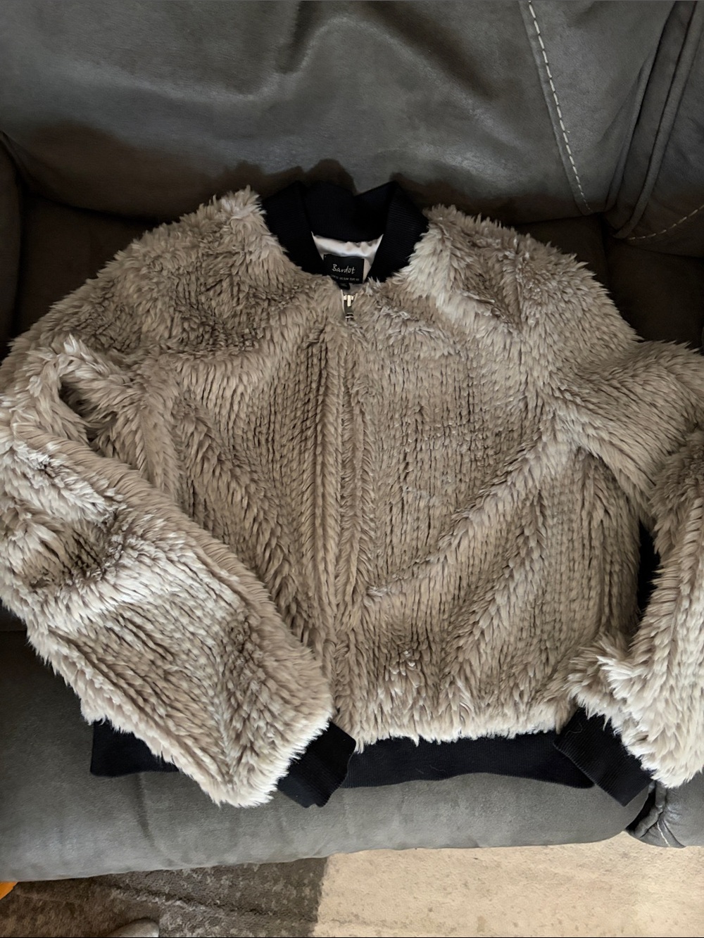 Bardot Taupe Faux Fur Bomber with Black Trim